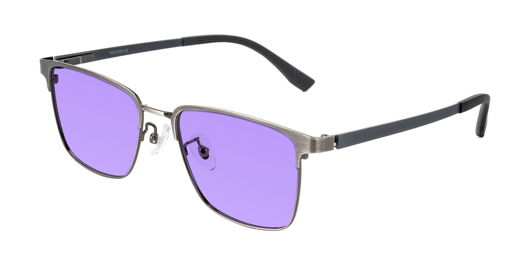 Angle of Rosita in Brushed Silver with Medium Purple Tinted Lenses