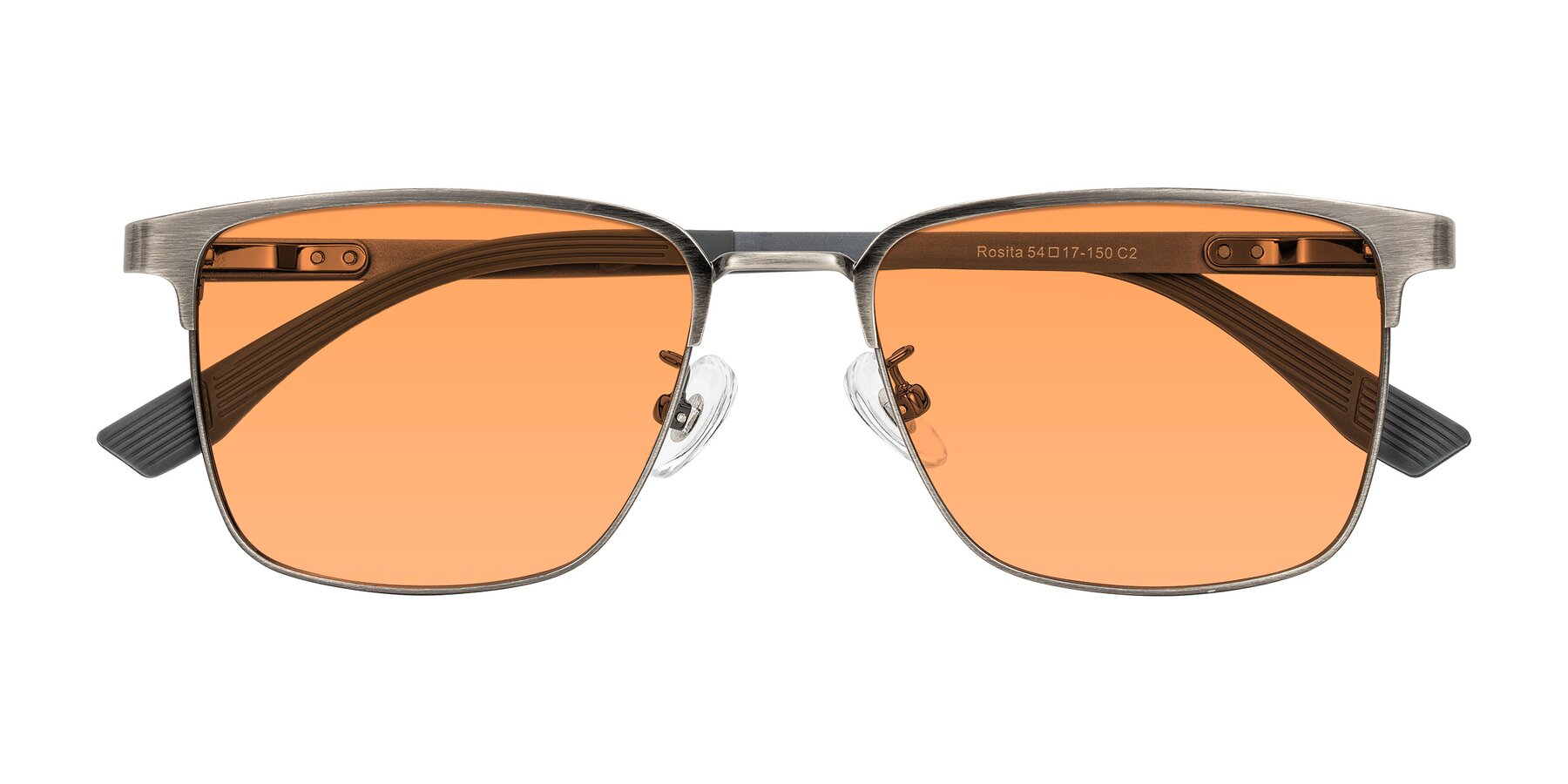 Folded Front of Rosita in Brushed Silver with Medium Orange Tinted Lenses