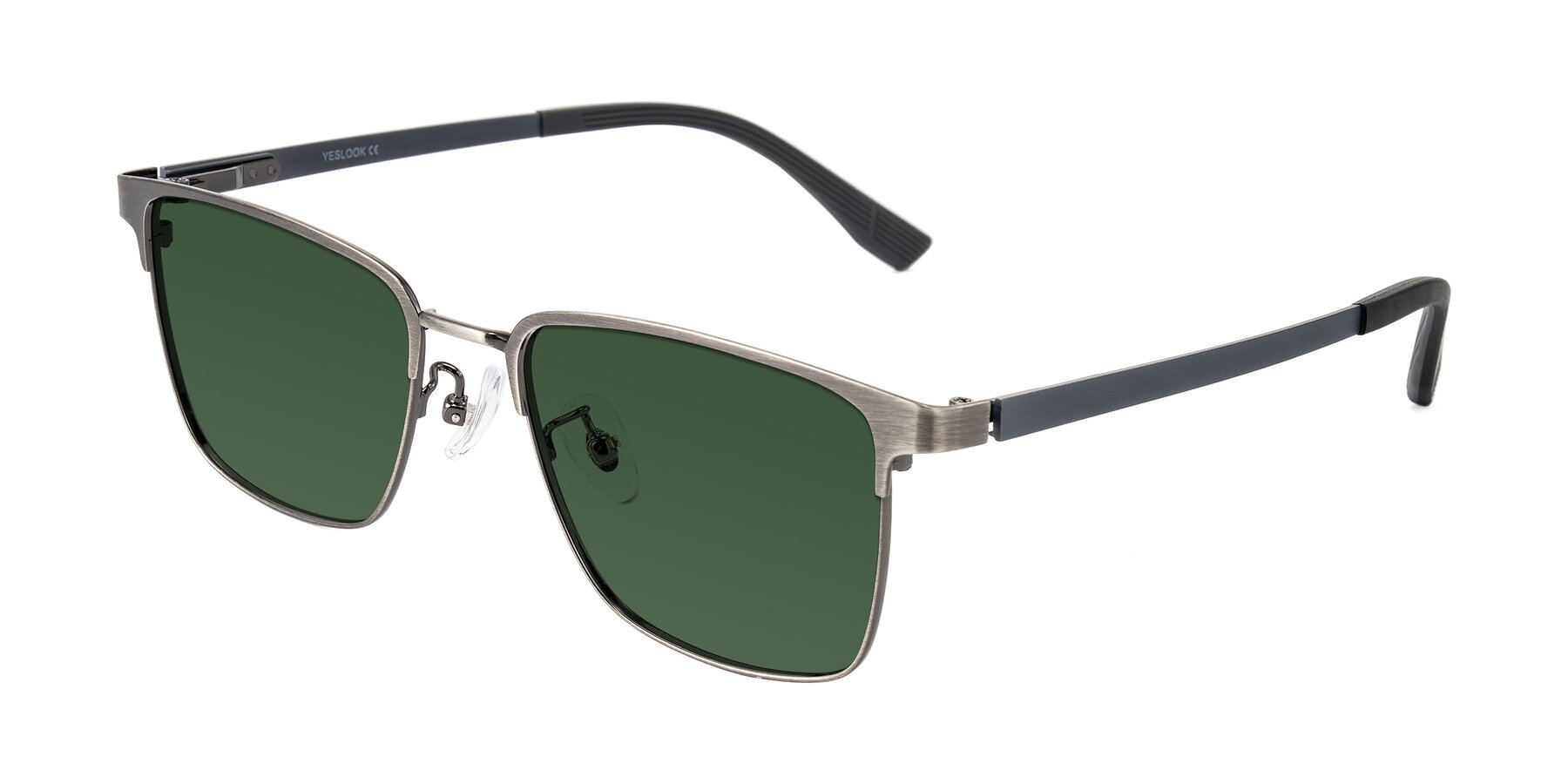 Angle of Rosita in Brushed Silver with Green Tinted Lenses