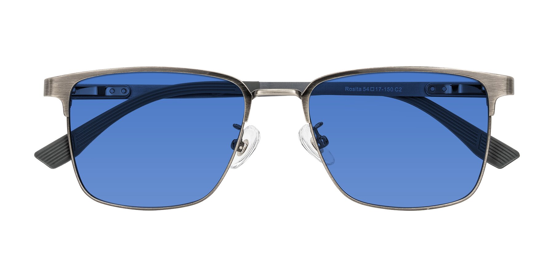 Folded Front of Rosita in Brushed Silver with Blue Tinted Lenses