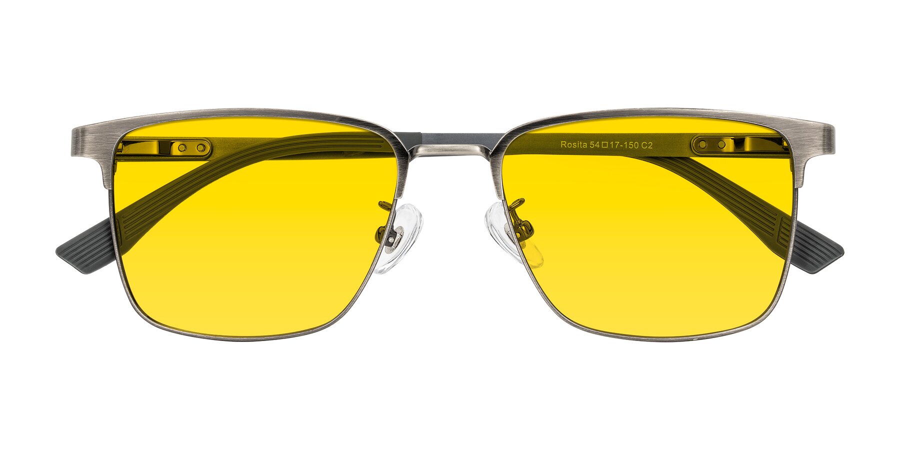 Folded Front of Rosita in Brushed Silver with Yellow Tinted Lenses