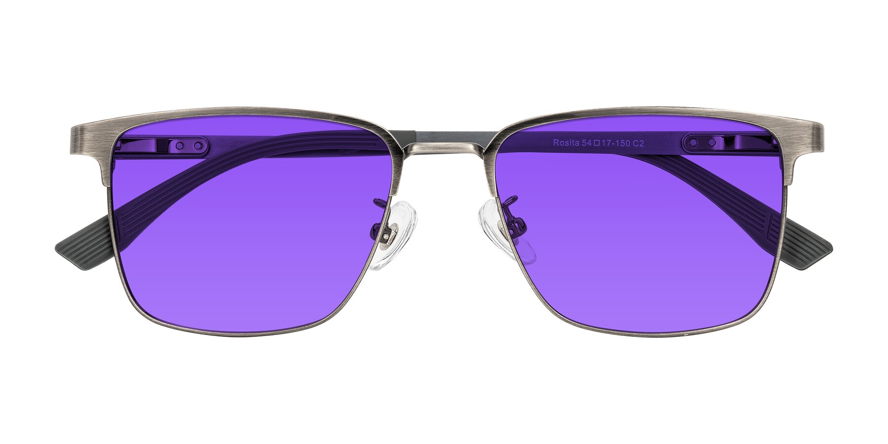 Folded Front of Rosita in Brushed Silver with Purple Tinted Lenses