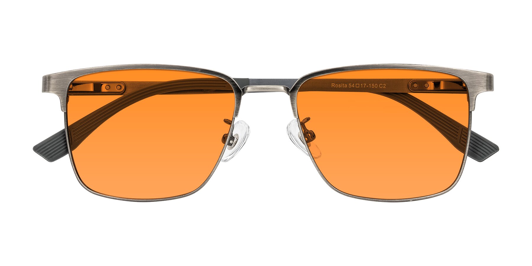 Folded Front of Rosita in Brushed Silver with Orange Tinted Lenses