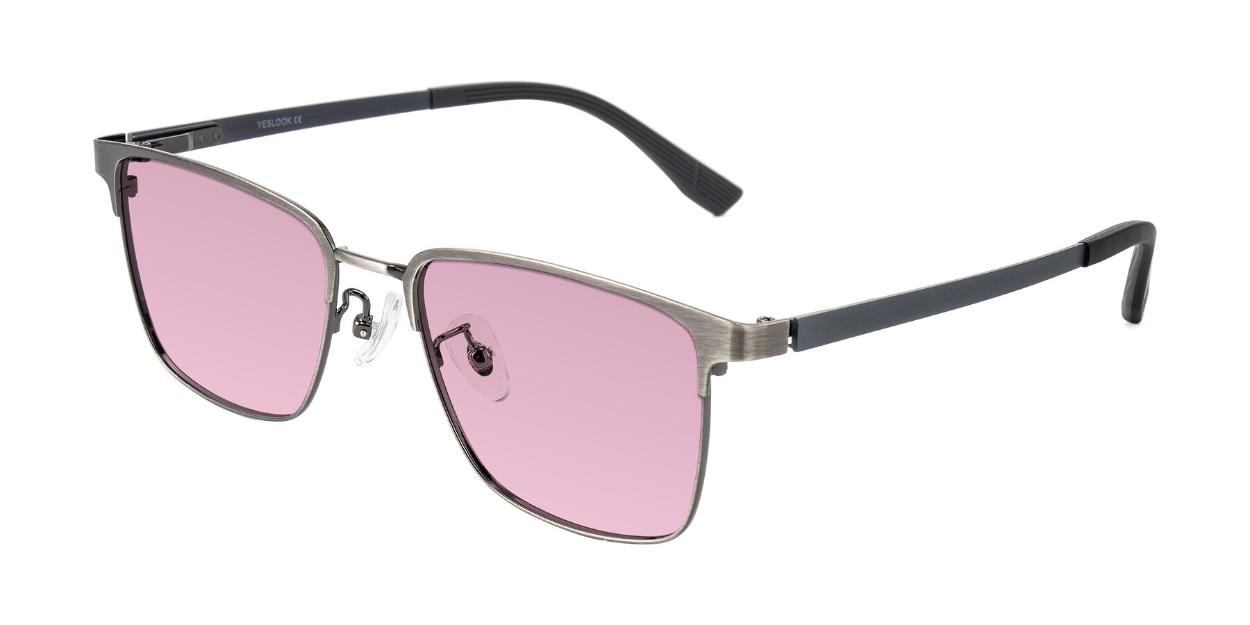 Angle of Rosita in Brushed Silver with Light Wine Tinted Lenses