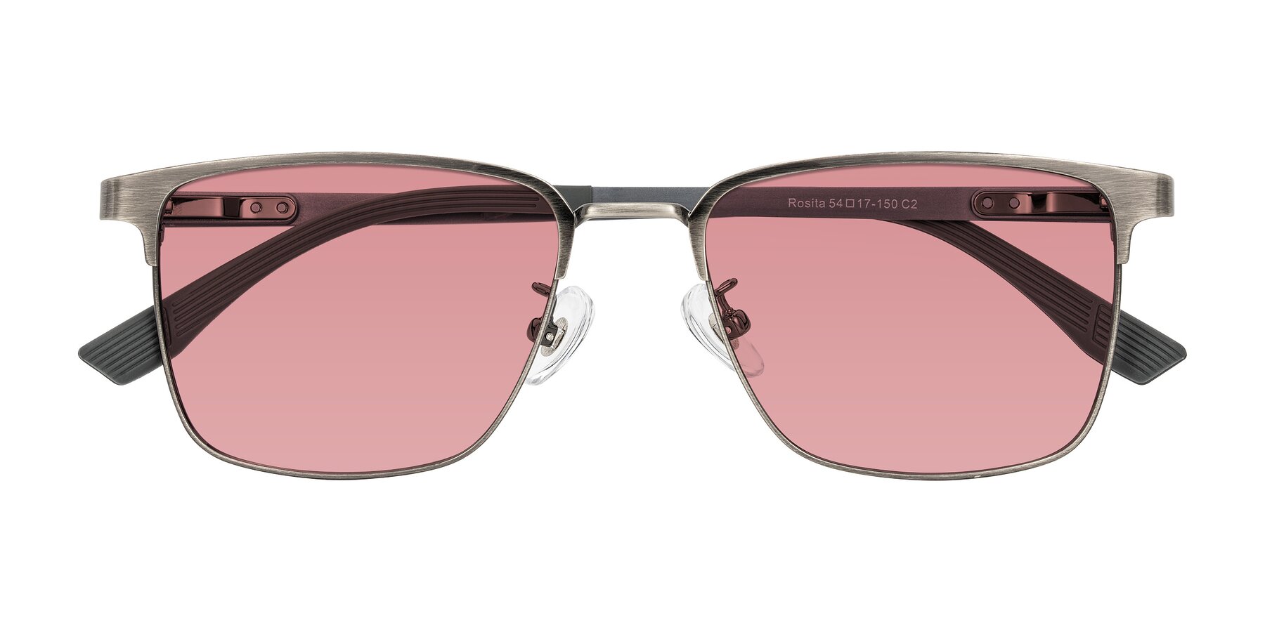 Folded Front of Rosita in Brushed Silver with Medium Garnet Tinted Lenses