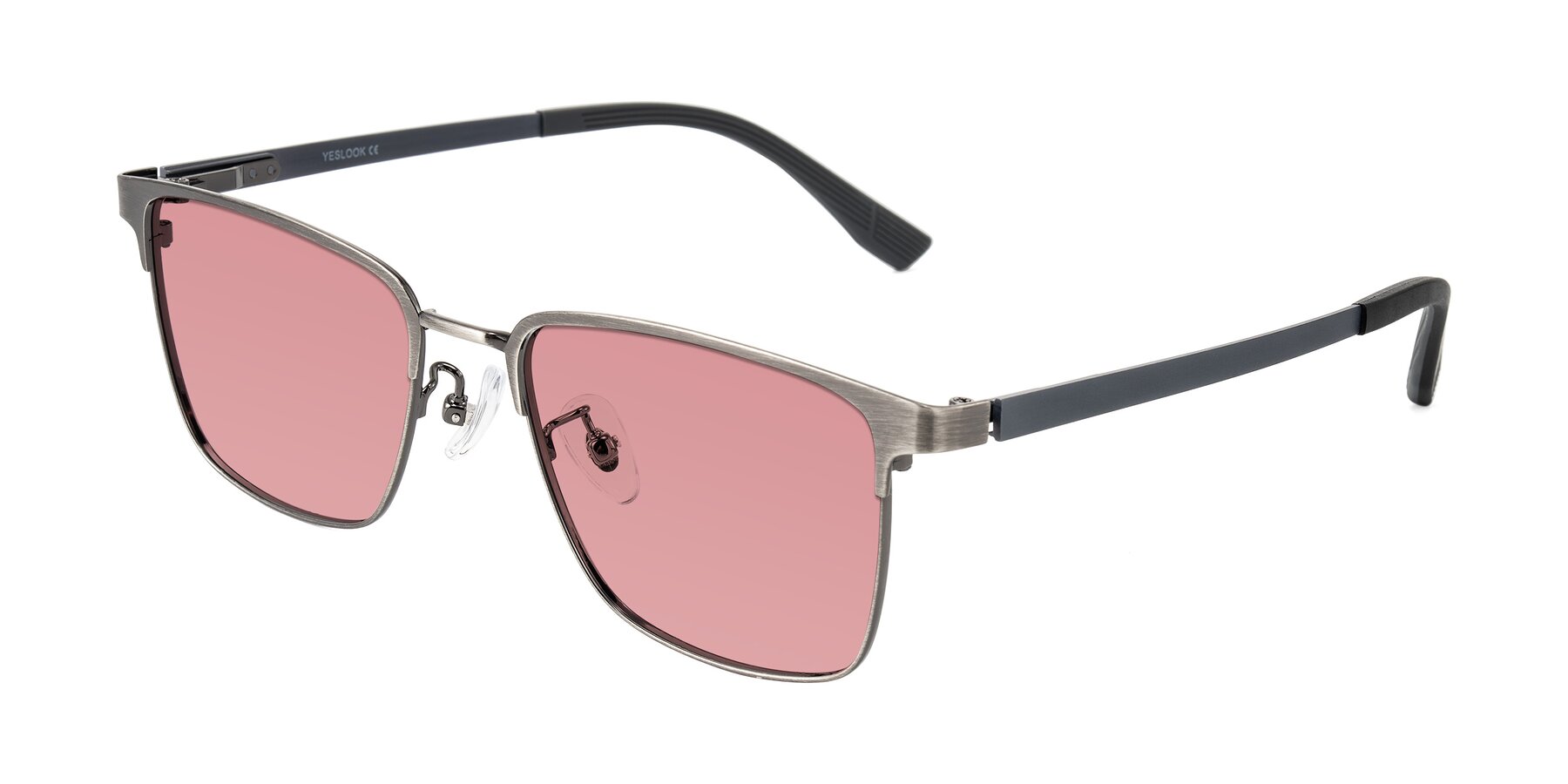 Angle of Rosita in Brushed Silver with Medium Garnet Tinted Lenses