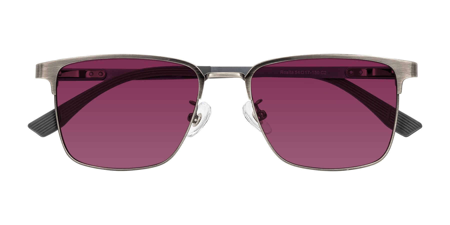 Folded Front of Rosita in Brushed Silver with Wine Tinted Lenses