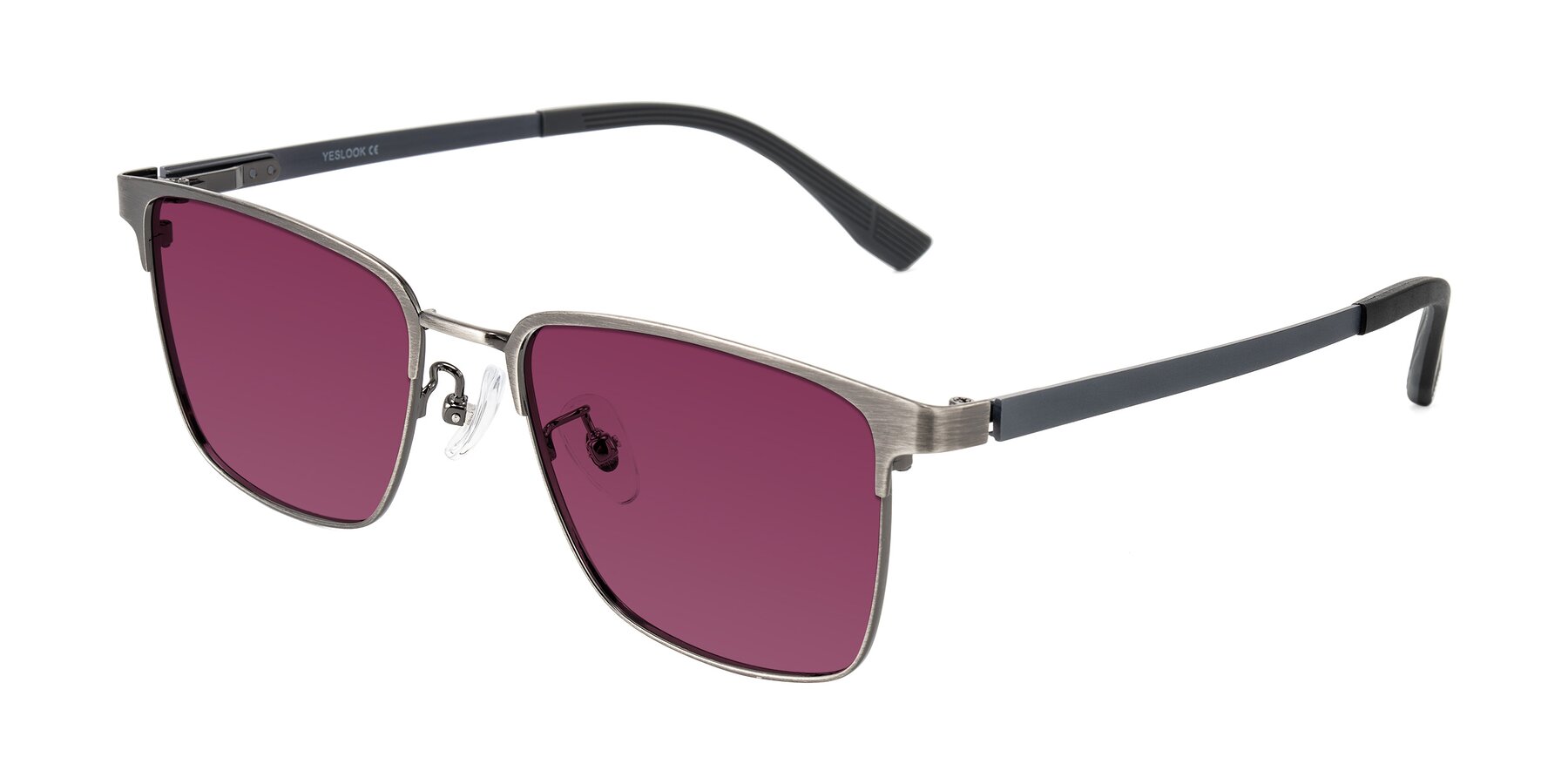 Angle of Rosita in Brushed Silver with Wine Tinted Lenses