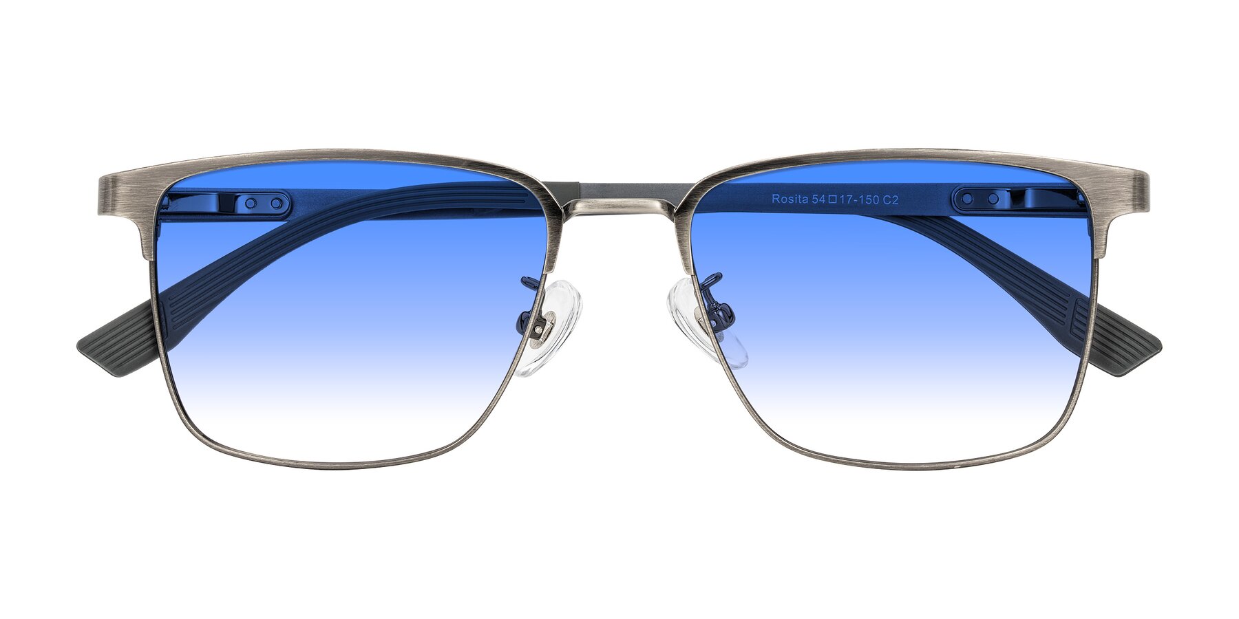 Folded Front of Rosita in Brushed Silver with Blue Gradient Lenses
