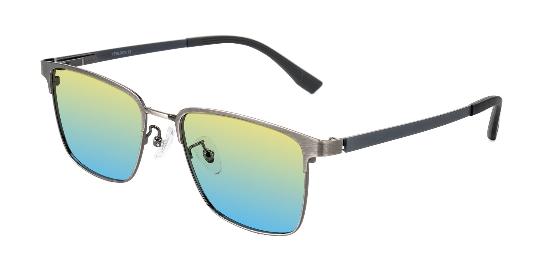 Angle of Rosita in Brushed Silver with Yellow / Blue Gradient Lenses