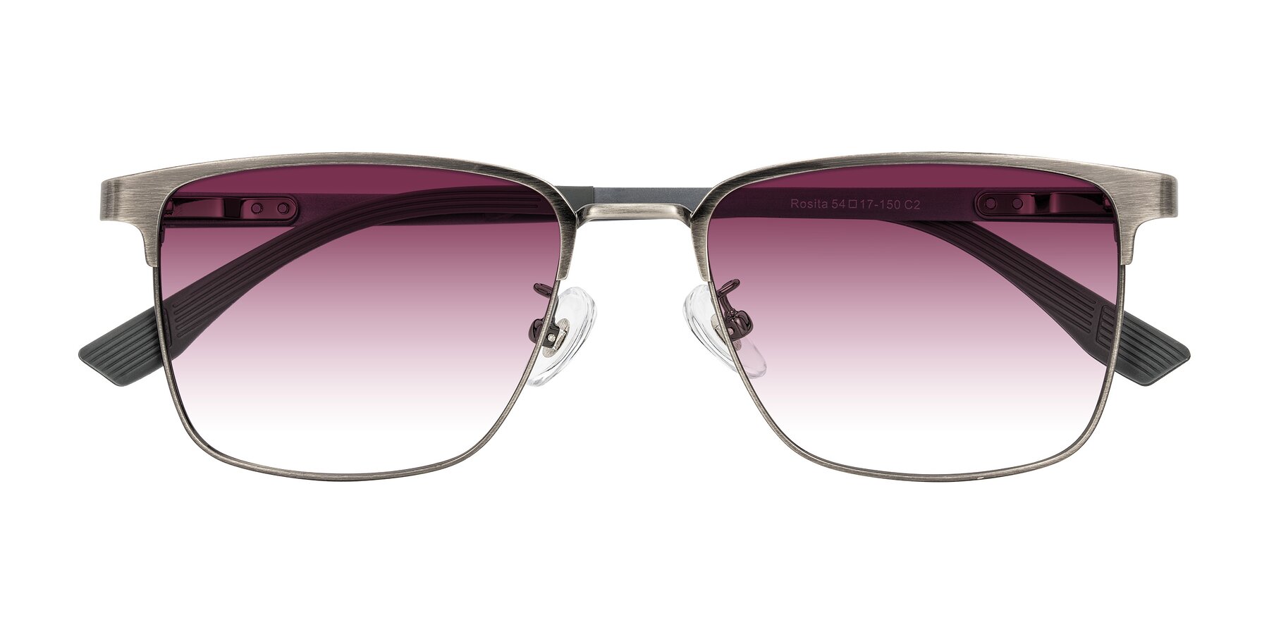 Folded Front of Rosita in Brushed Silver with Wine Gradient Lenses