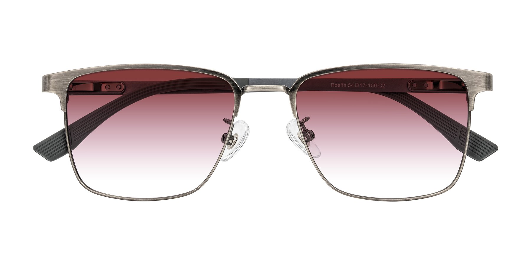 Folded Front of Rosita in Brushed Silver with Garnet Gradient Lenses