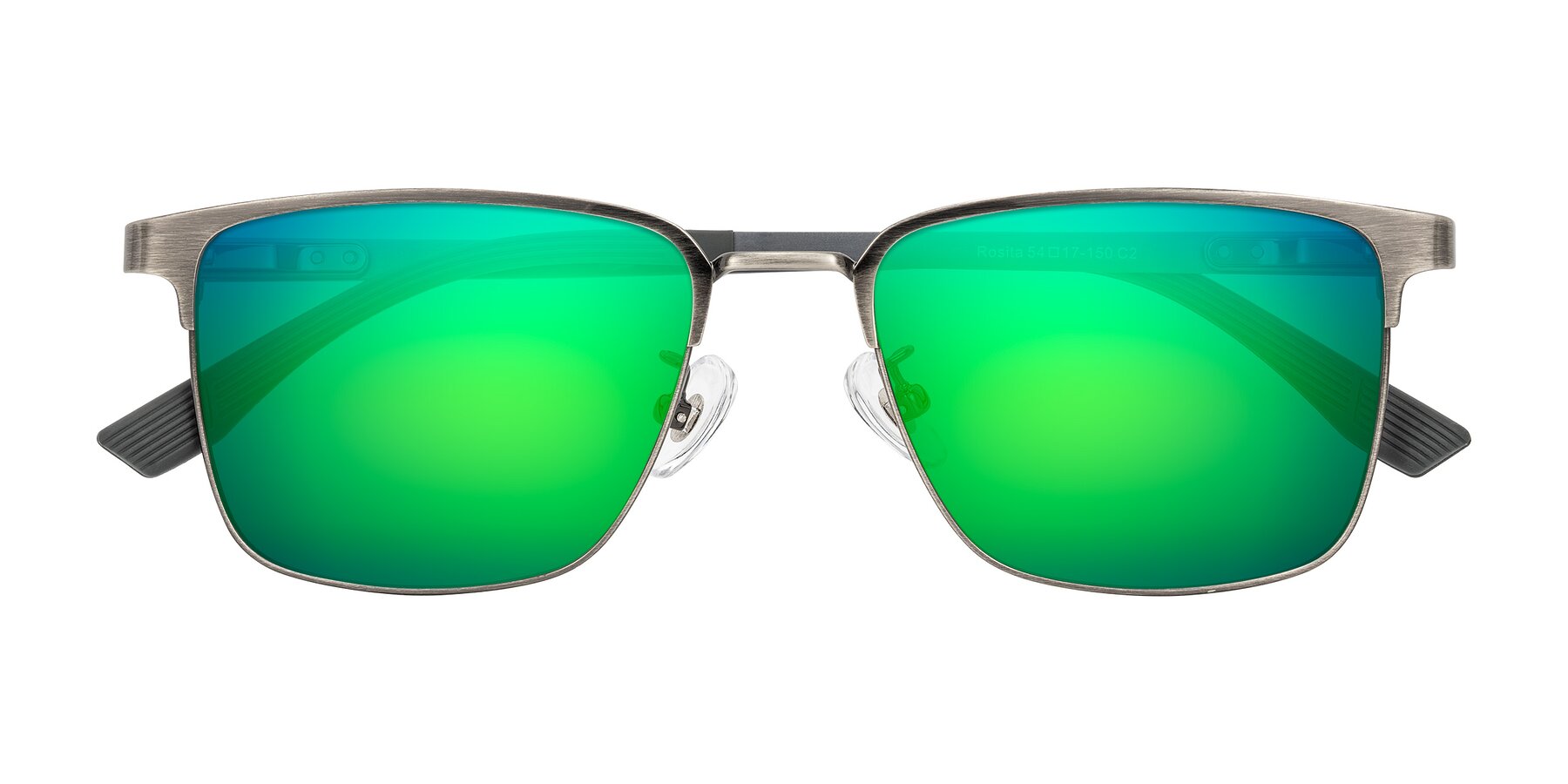 Folded Front of Rosita in Brushed Silver with Green Mirrored Lenses