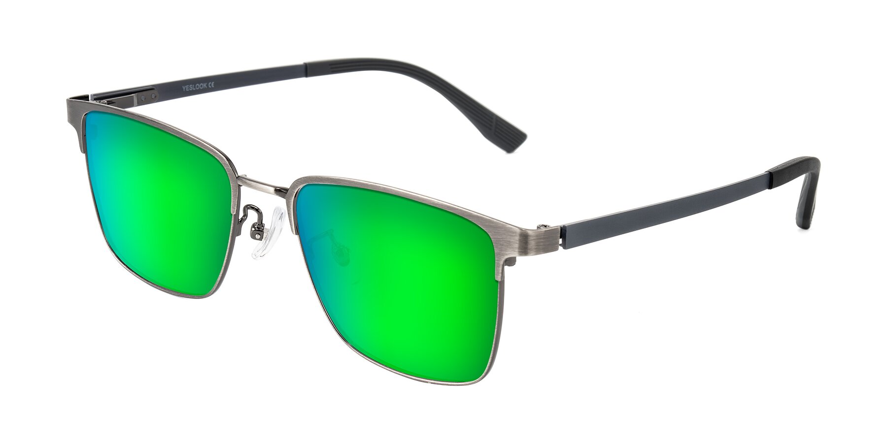 Angle of Rosita in Brushed Silver with Green Mirrored Lenses