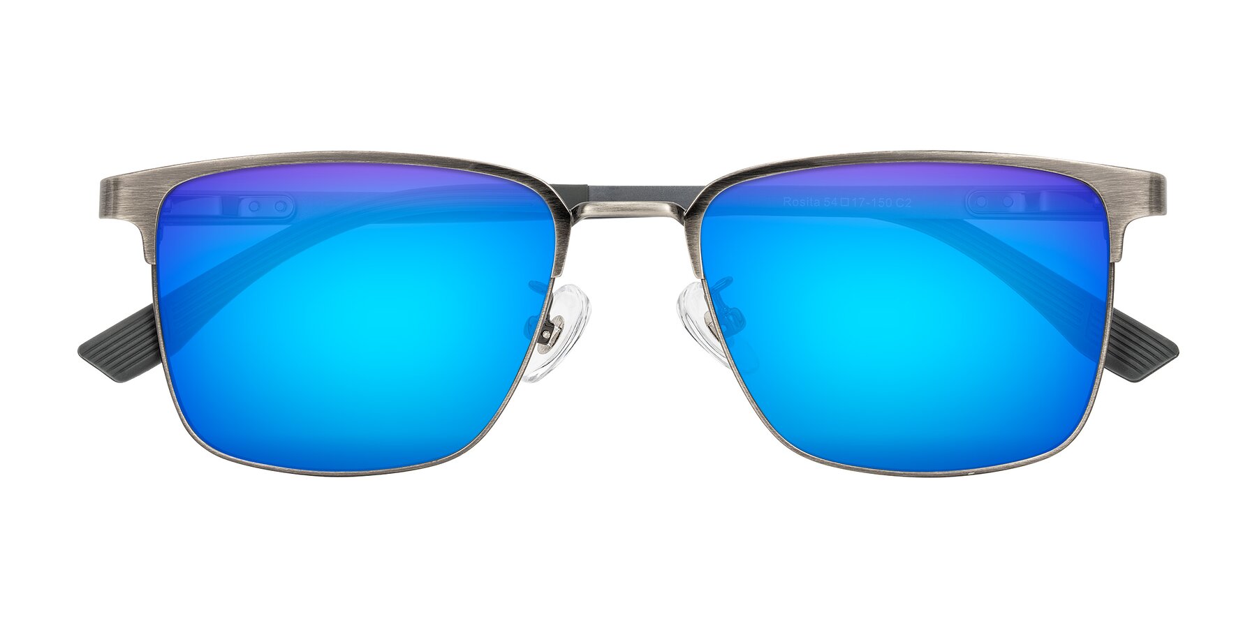 Folded Front of Rosita in Brushed Silver with Blue Mirrored Lenses
