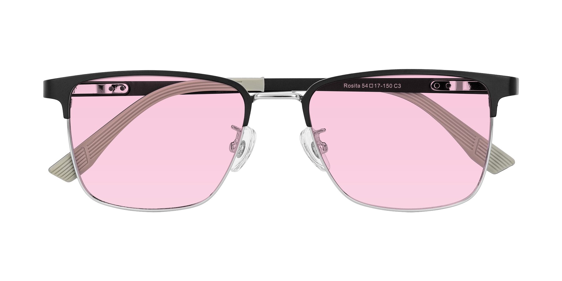 Folded Front of Rosita in Black/Silver with Light Pink Tinted Lenses
