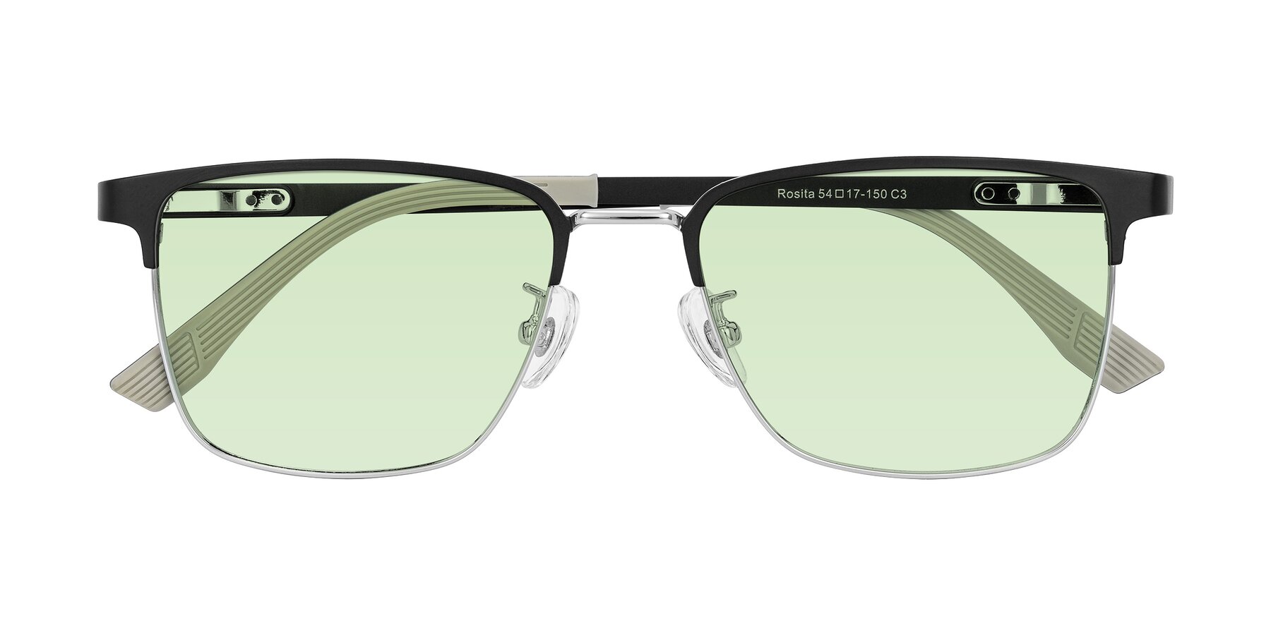Folded Front of Rosita in Black/Silver with Light Green Tinted Lenses