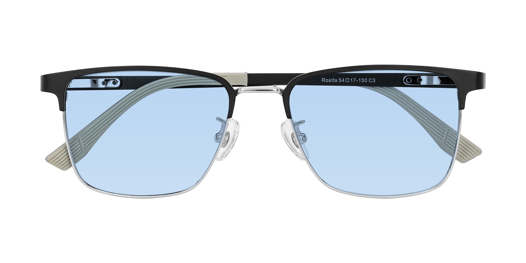 Folded Front of Rosita in Black/Silver with Light Blue Tinted Lenses