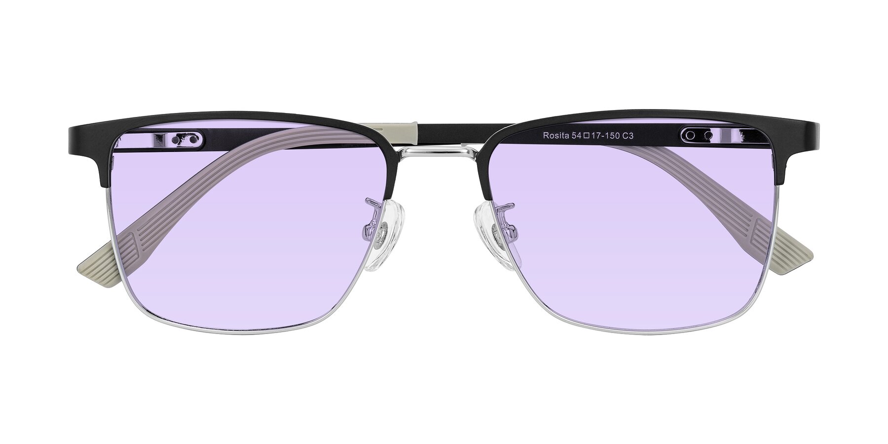Folded Front of Rosita in Black/Silver with Light Purple Tinted Lenses