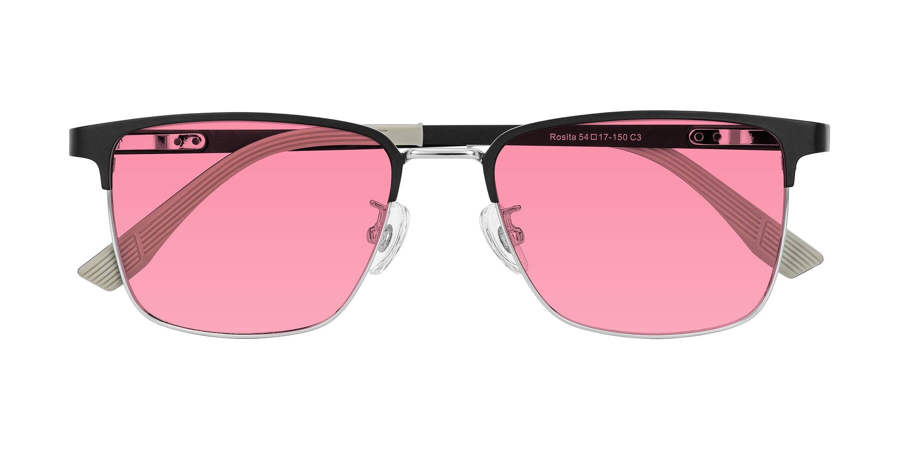 Folded Front of Rosita in Black/Silver with Pink Tinted Lenses