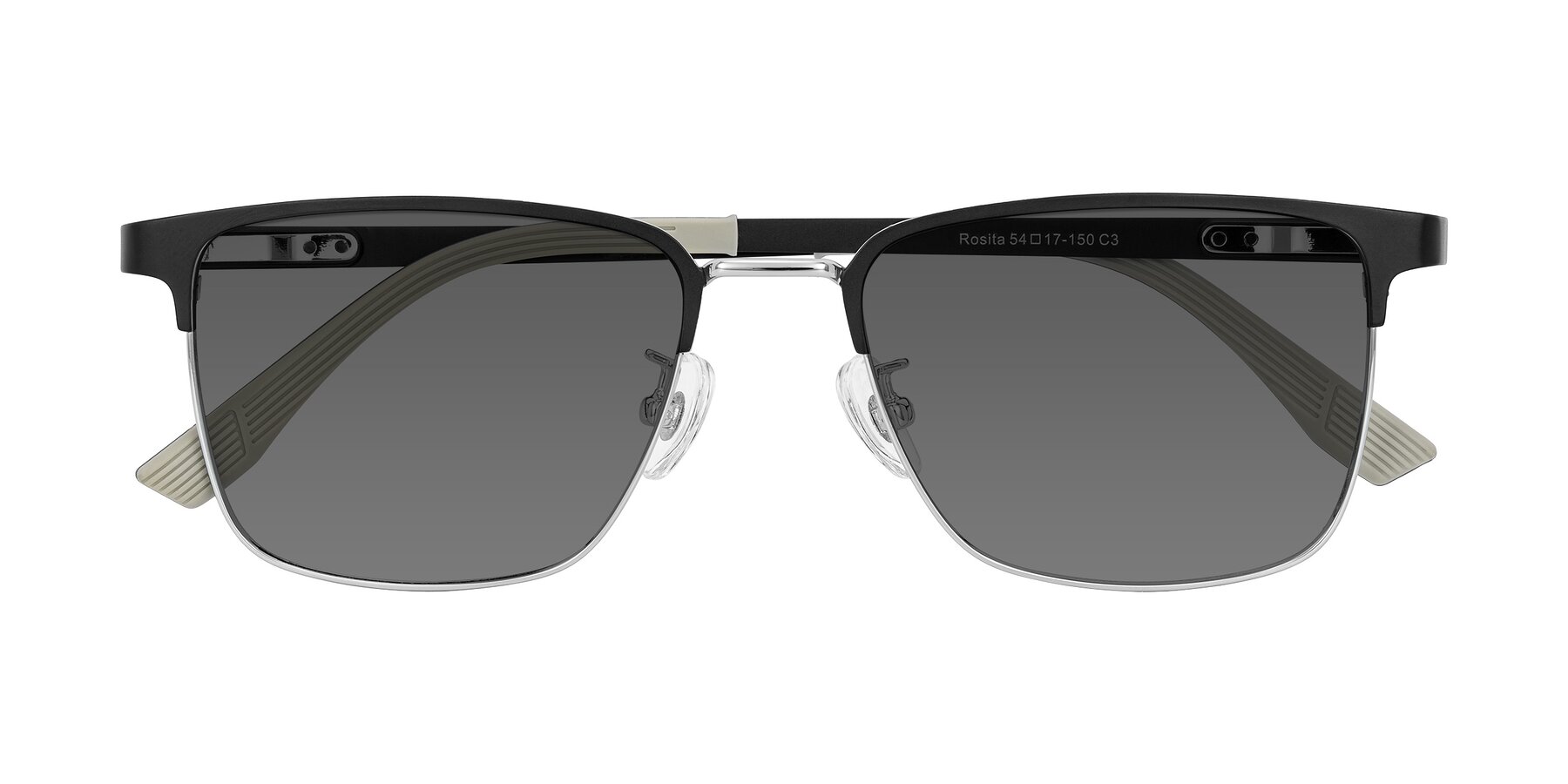 Folded Front of Rosita in Black/Silver with Medium Gray Tinted Lenses