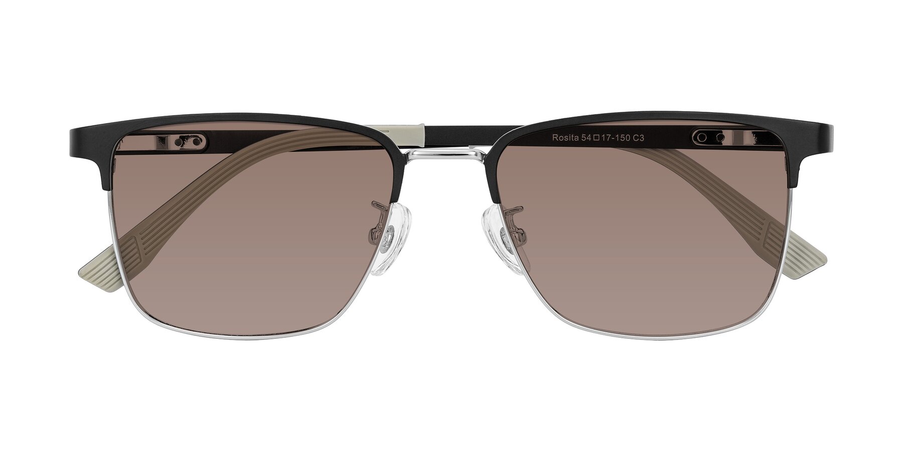 Folded Front of Rosita in Black/Silver with Medium Brown Tinted Lenses
