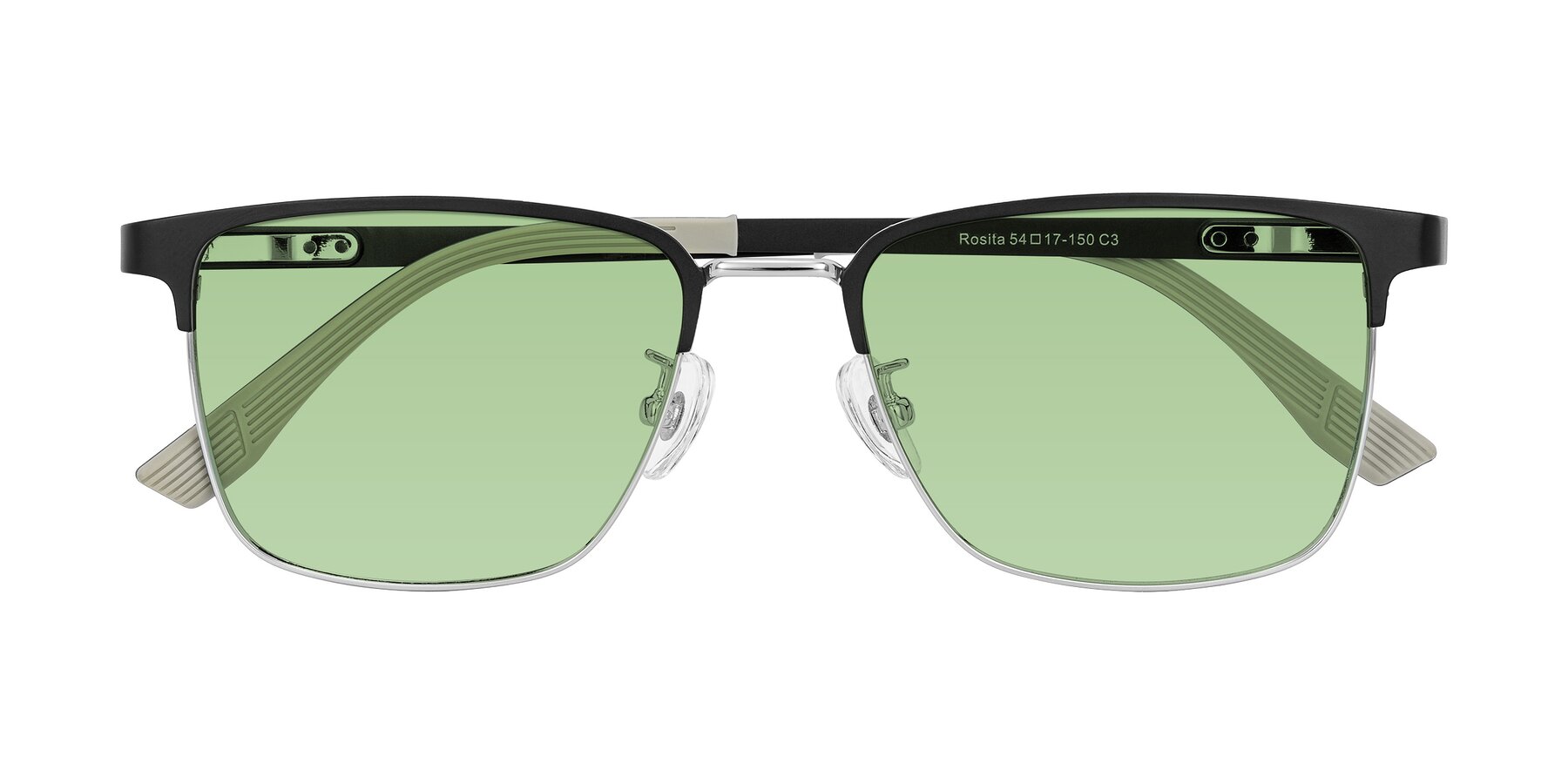 Folded Front of Rosita in Black/Silver with Medium Green Tinted Lenses