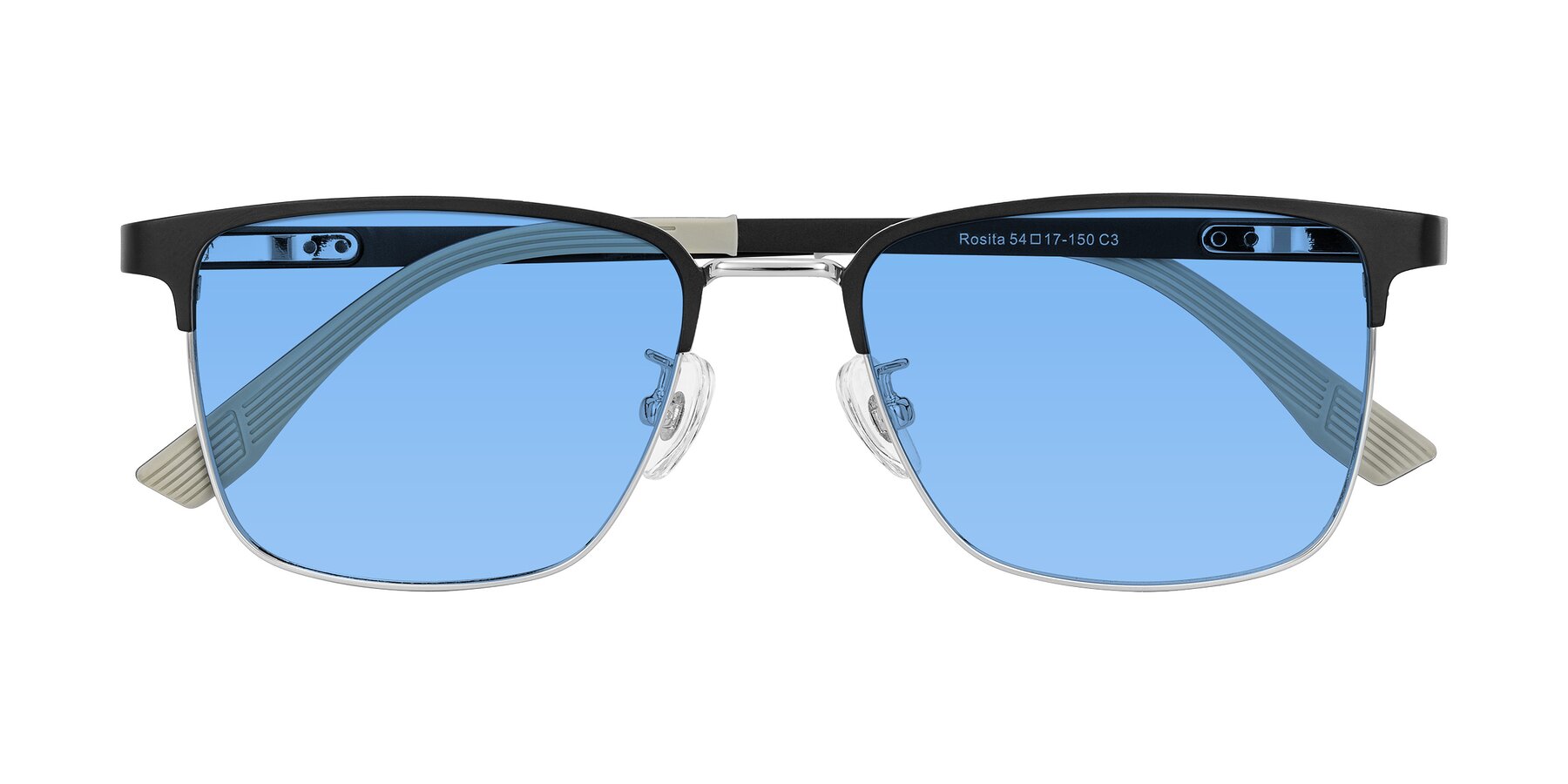 Folded Front of Rosita in Black/Silver with Medium Blue Tinted Lenses
