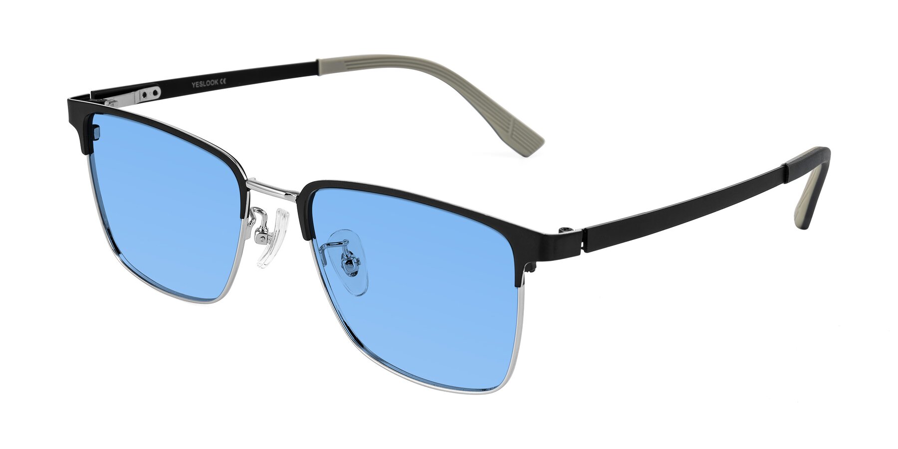 Angle of Rosita in Black/Silver with Medium Blue Tinted Lenses