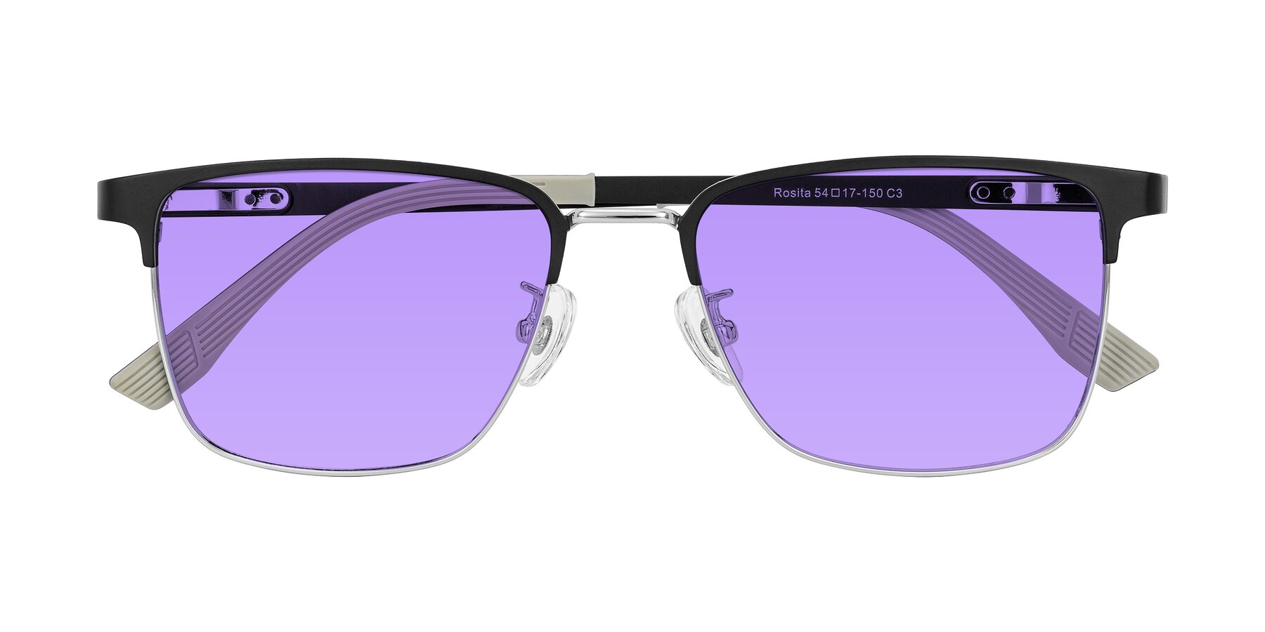 Folded Front of Rosita in Black/Silver with Medium Purple Tinted Lenses