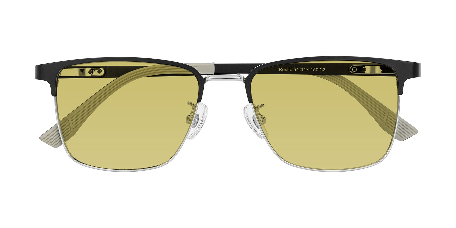 Folded Front of Rosita in Black/Silver with Medium Champagne Tinted Lenses