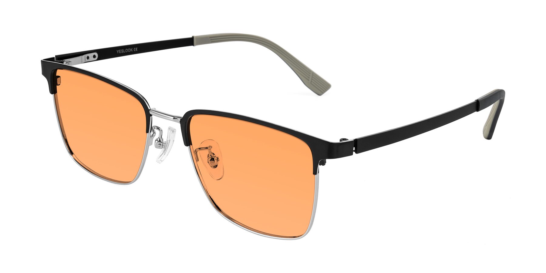 Angle of Rosita in Black/Silver with Medium Orange Tinted Lenses