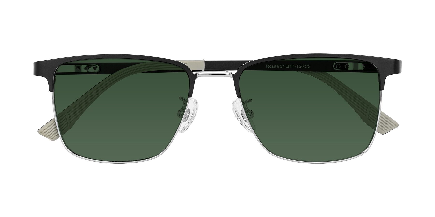 Folded Front of Rosita in Black/Silver with Green Tinted Lenses