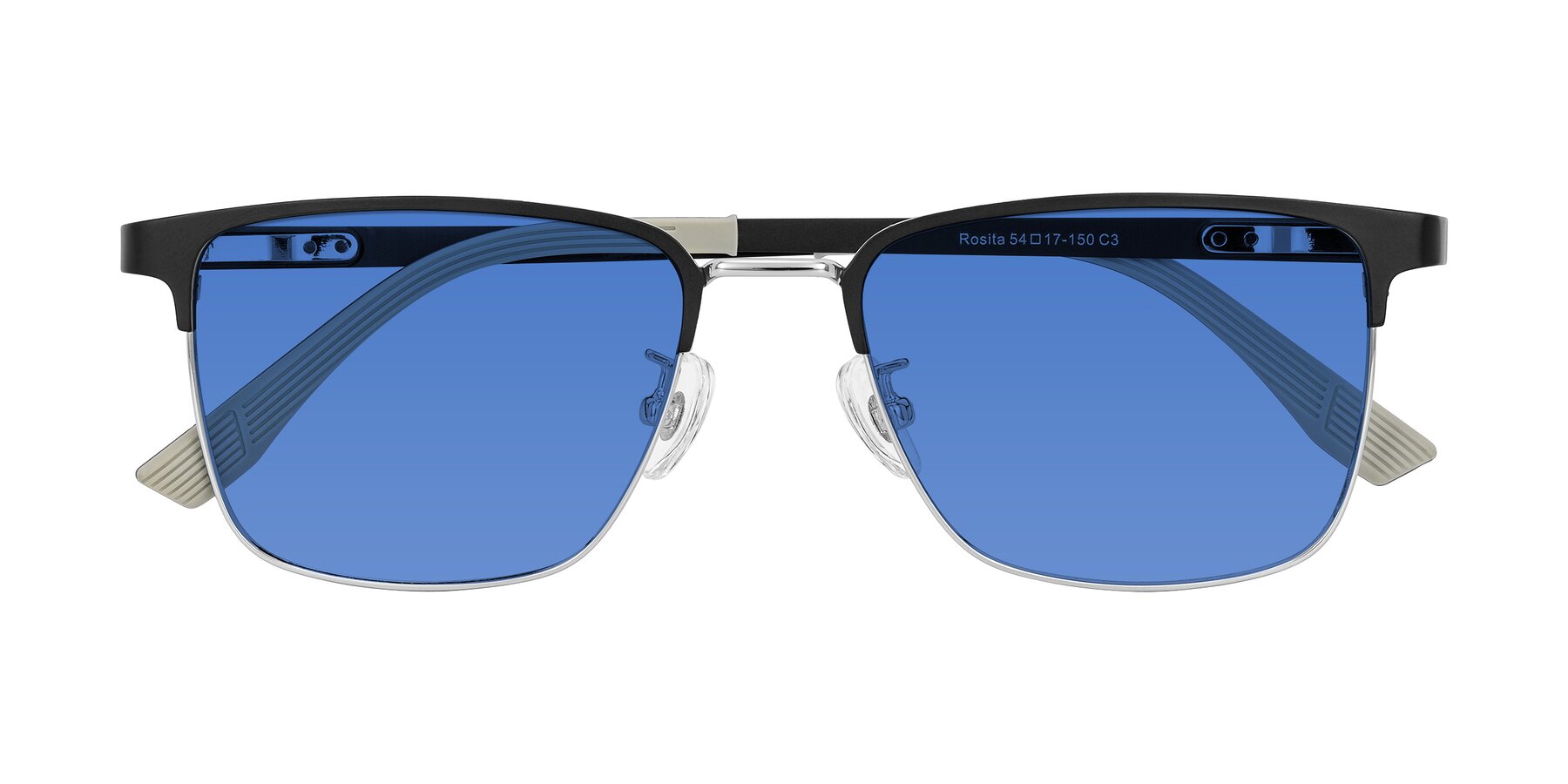 Folded Front of Rosita in Black/Silver with Blue Tinted Lenses