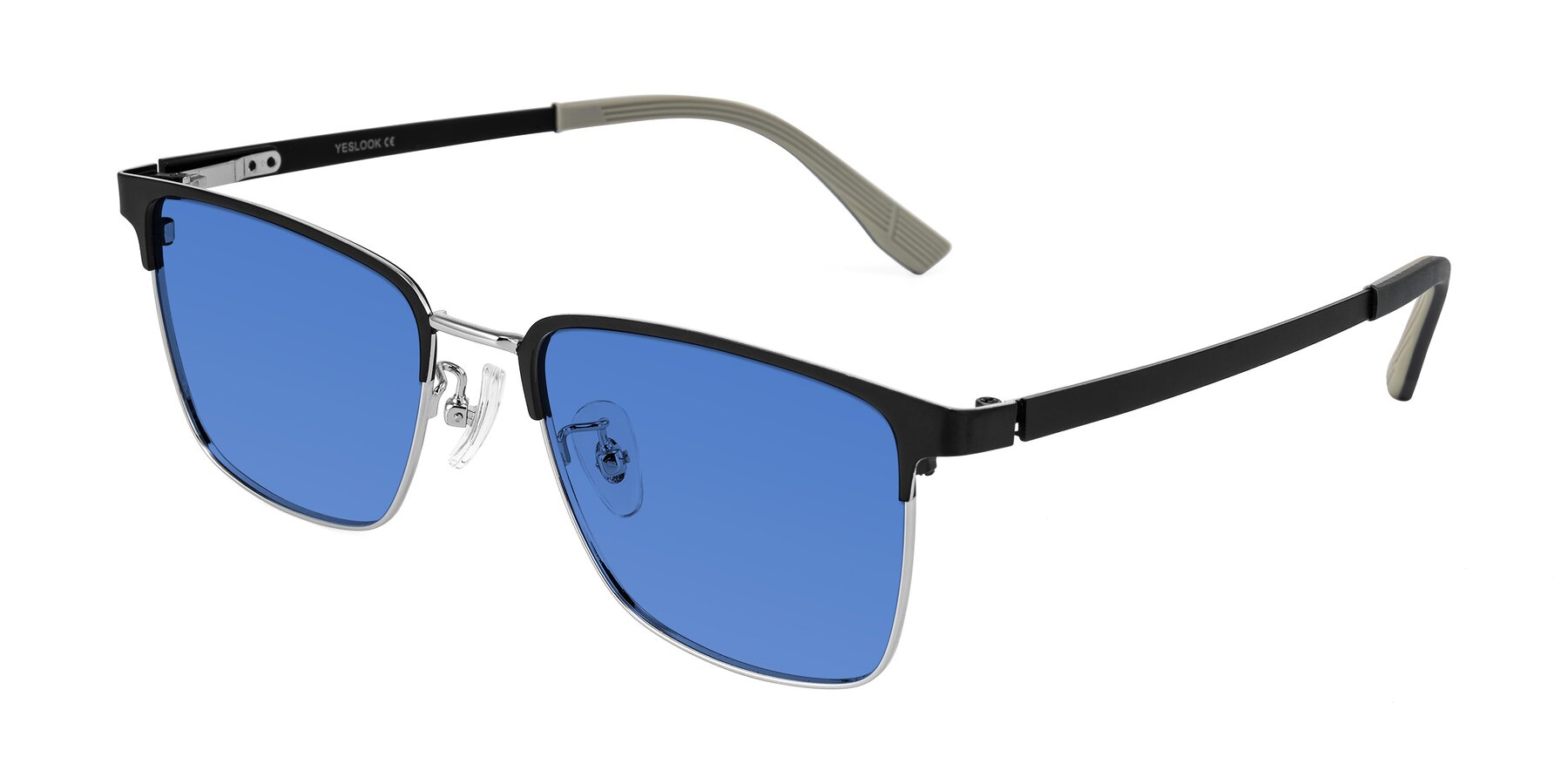 Angle of Rosita in Black/Silver with Blue Tinted Lenses