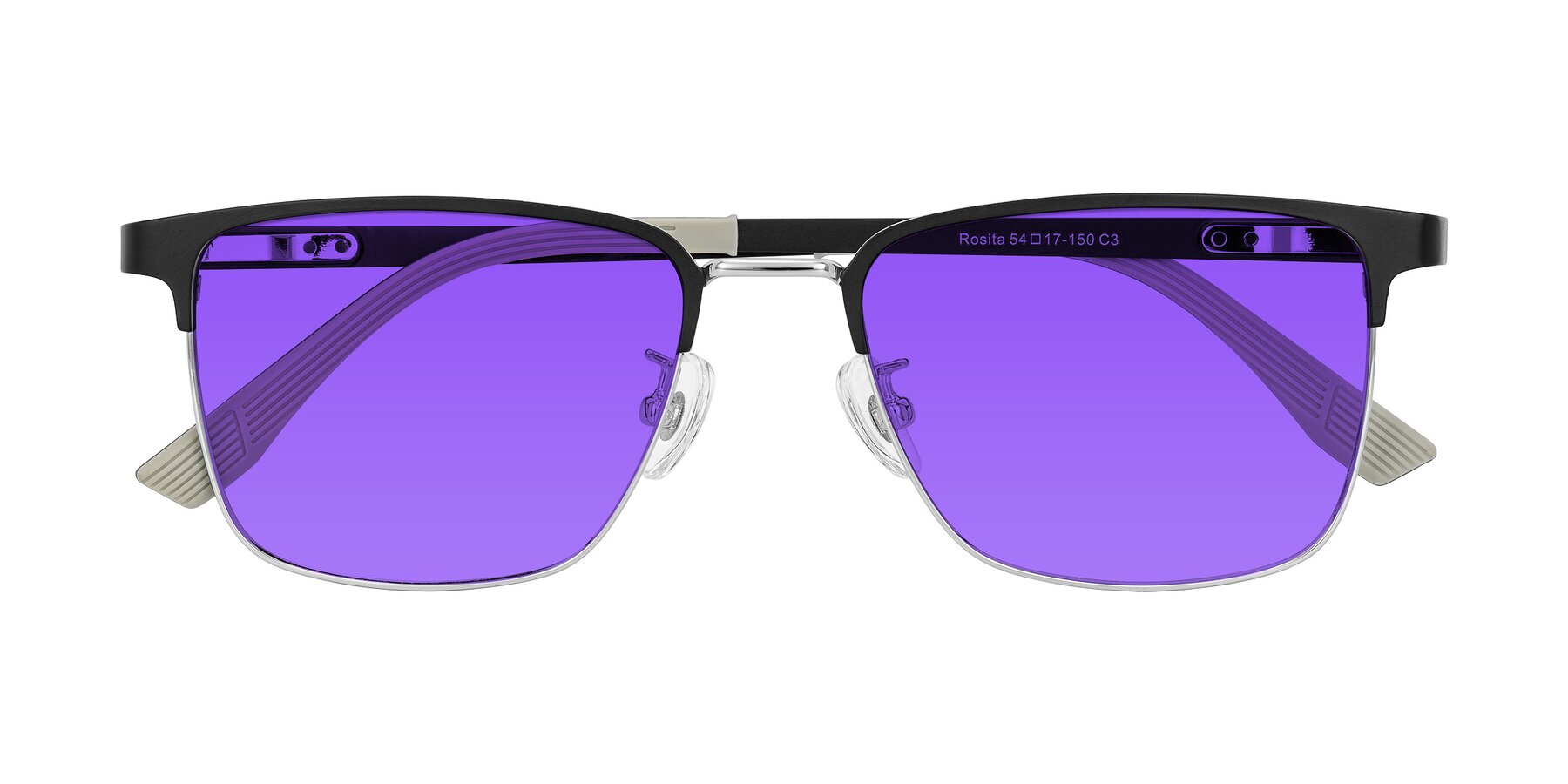 Folded Front of Rosita in Black/Silver with Purple Tinted Lenses
