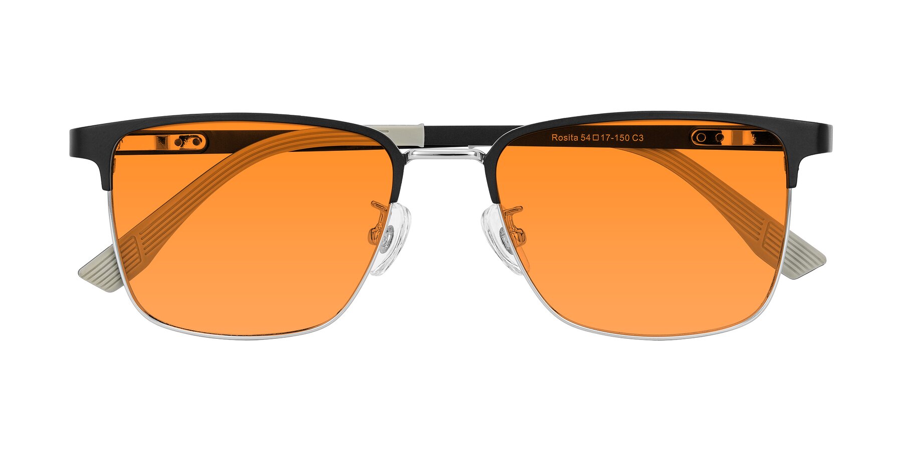 Folded Front of Rosita in Black/Silver with Orange Tinted Lenses