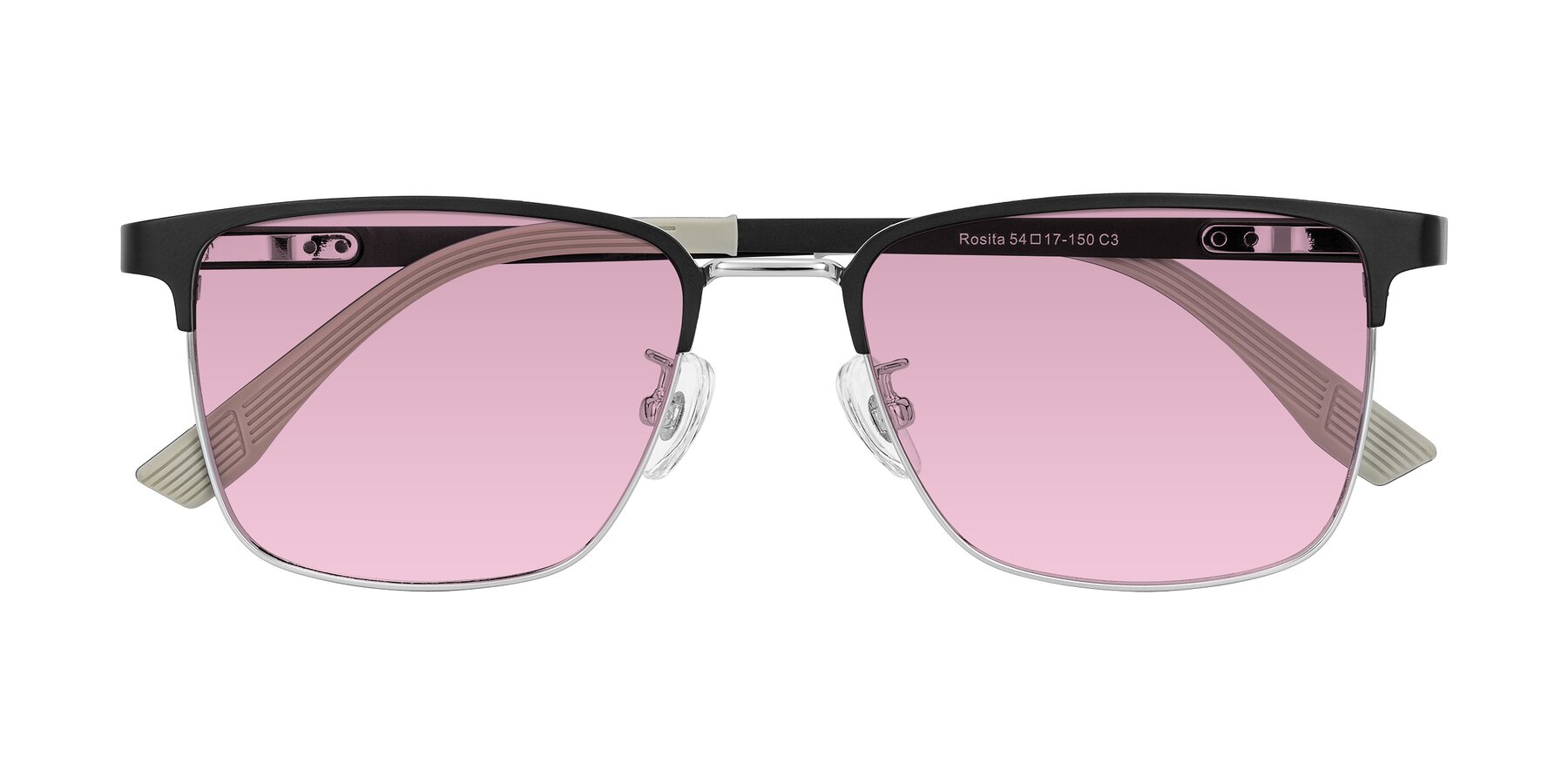 Folded Front of Rosita in Black/Silver with Light Wine Tinted Lenses