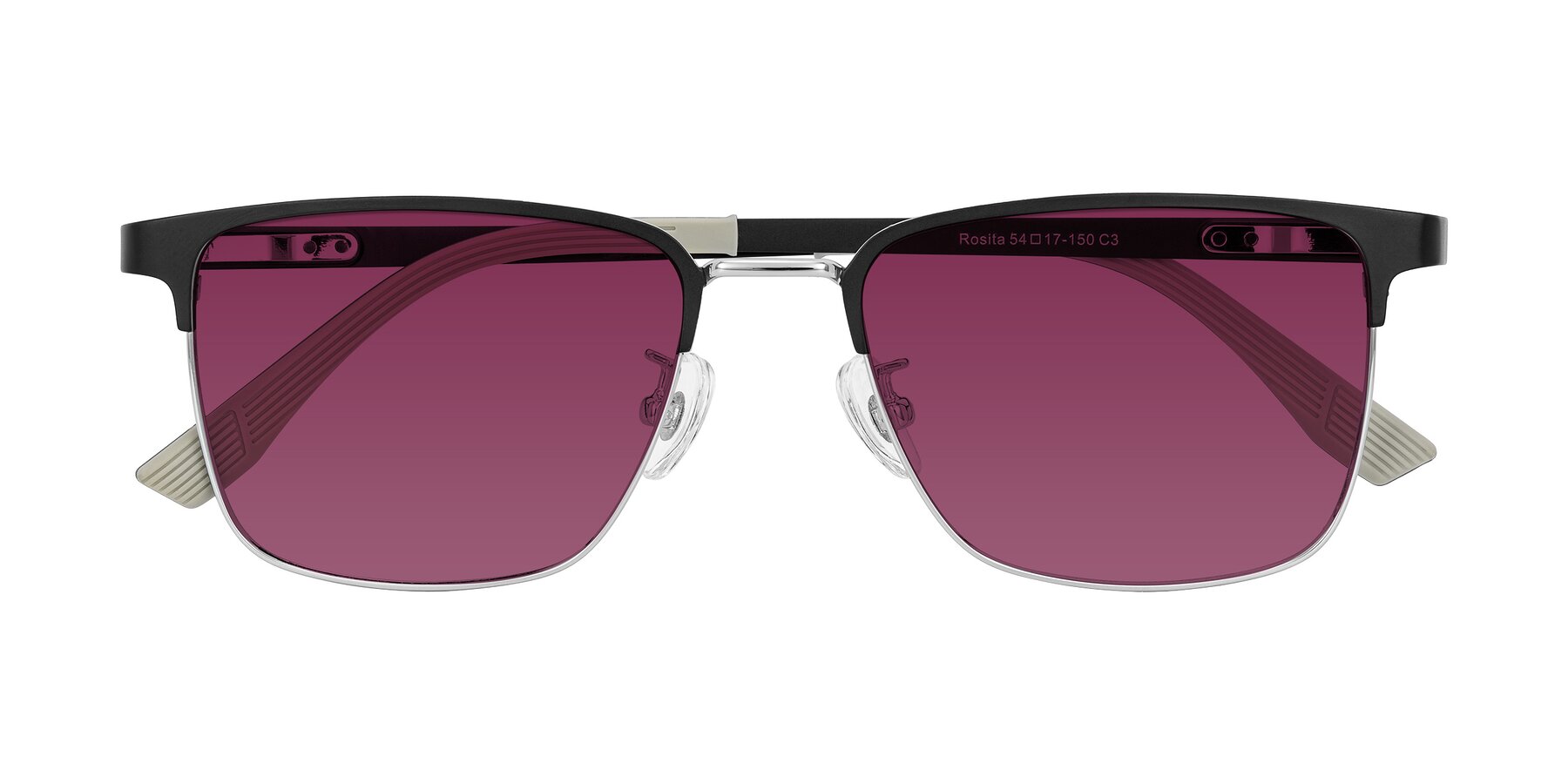 Folded Front of Rosita in Black/Silver with Wine Tinted Lenses