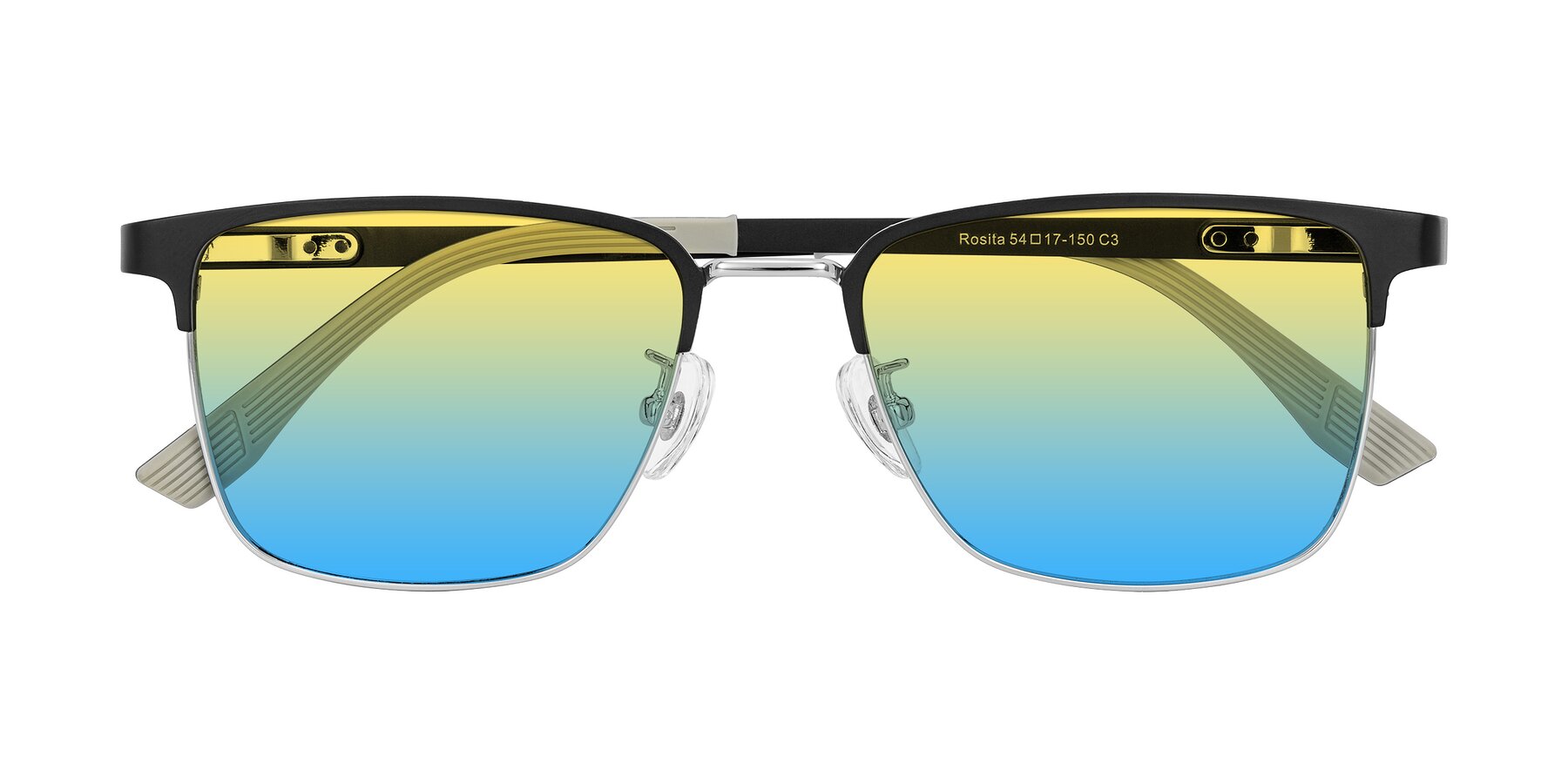 Folded Front of Rosita in Black/Silver with Yellow / Blue Gradient Lenses