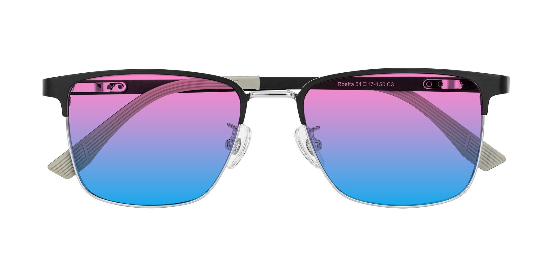Folded Front of Rosita in Black/Silver with Pink / Blue Gradient Lenses