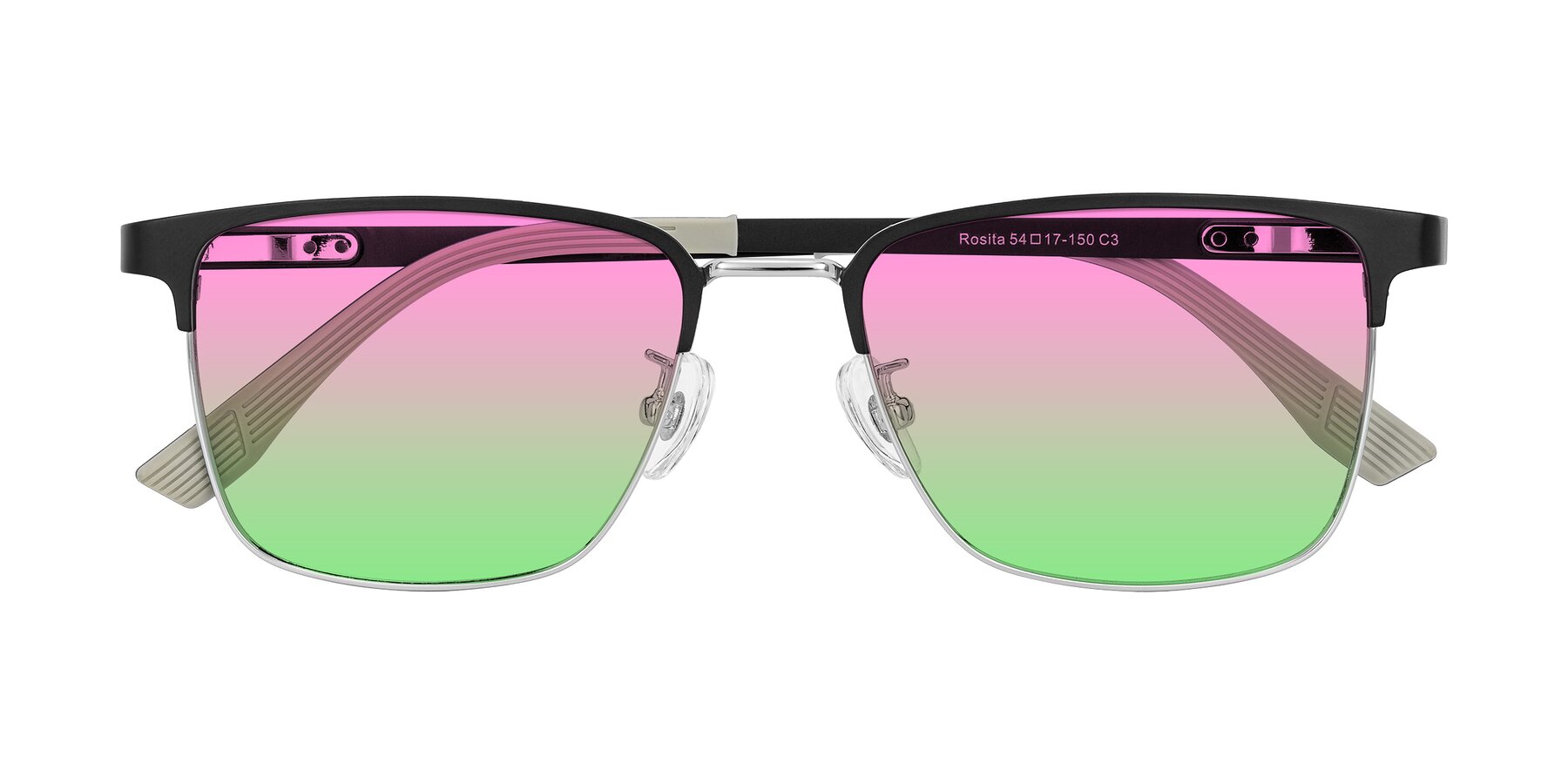 Folded Front of Rosita in Black/Silver with Pink / Green Gradient Lenses