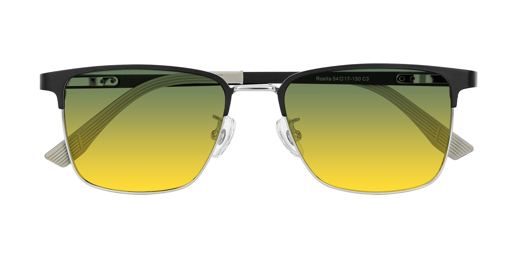 Folded Front of Rosita in Black/Silver with Green / Yellow Gradient Lenses