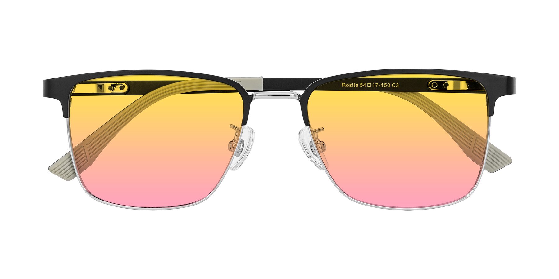 Folded Front of Rosita in Black/Silver with Yellow / Pink Gradient Lenses