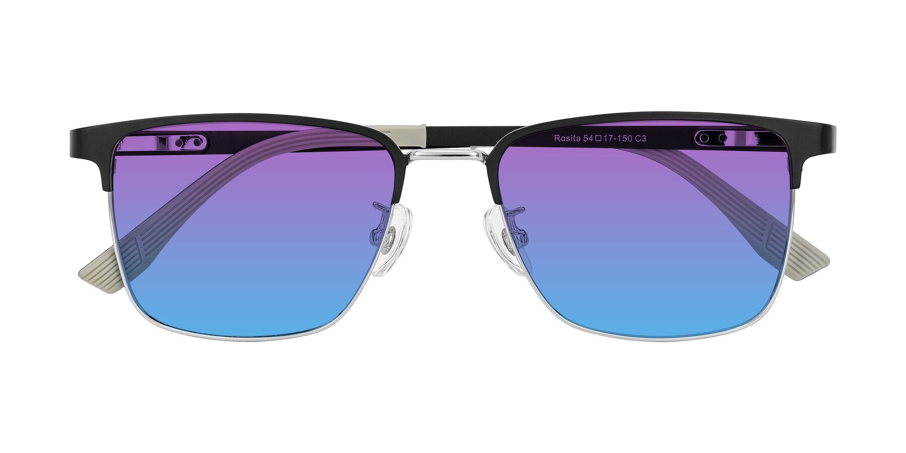 Folded Front of Rosita in Black/Silver with Purple / Blue Gradient Lenses