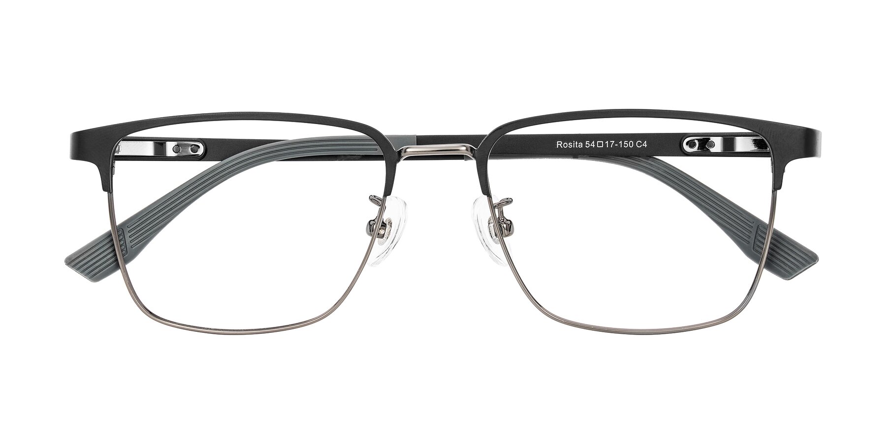Folded Front of Rosita in Black/Gunmetal with Clear Eyeglass Lenses