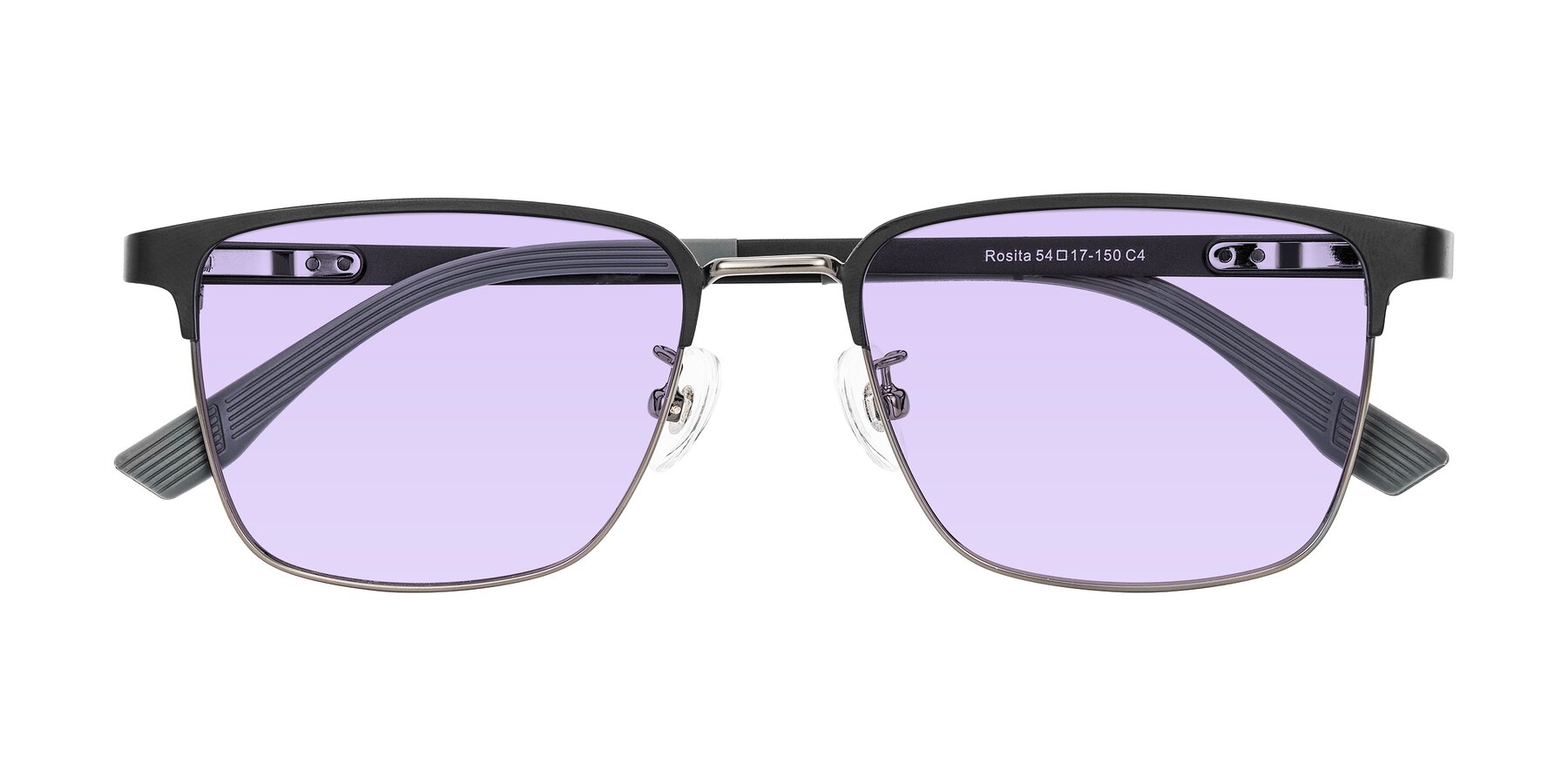 Folded Front of Rosita in Black/Gunmetal with Light Purple Tinted Lenses