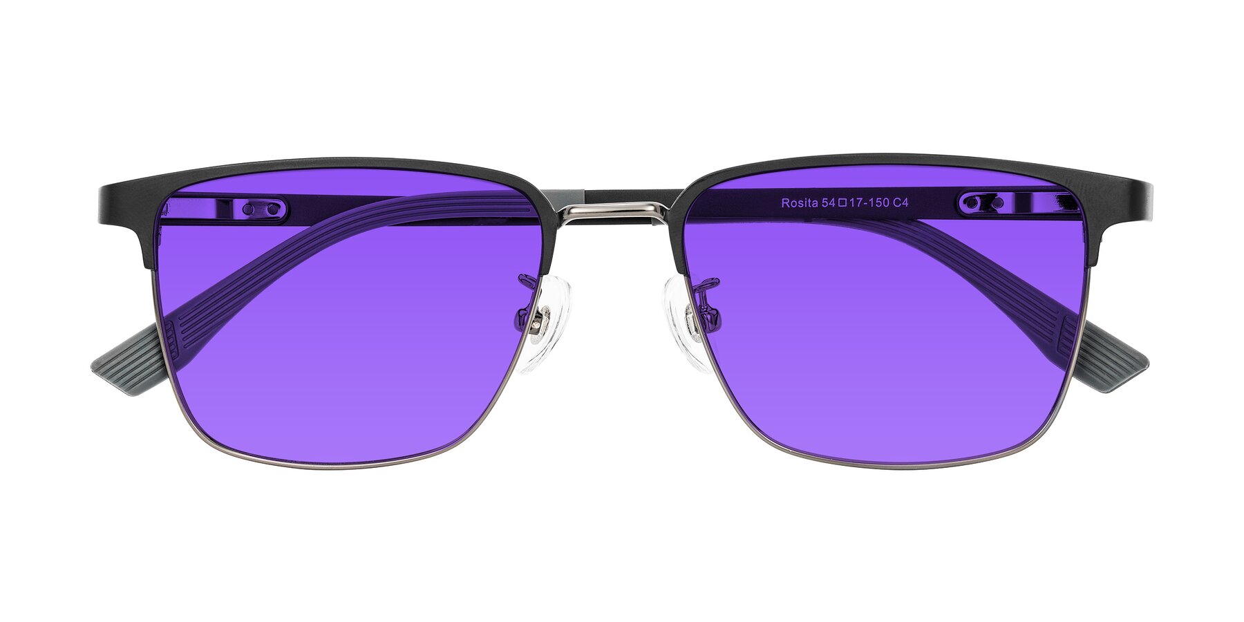 Folded Front of Rosita in Black/Gunmetal with Purple Tinted Lenses