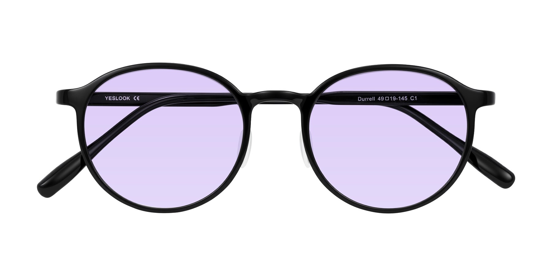 Folded Front of Durrell in Black with Light Purple Tinted Lenses