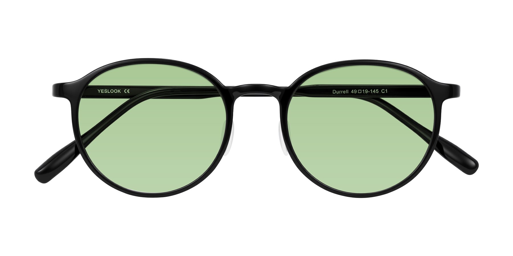 Folded Front of Durrell in Black with Medium Green Tinted Lenses